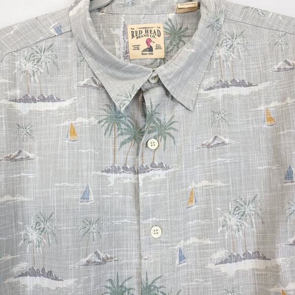Redhead Button Down Shirt Tropical Sailboat Men 2XL Gray Cotton Short Sleeve - Picture 10 of 11
